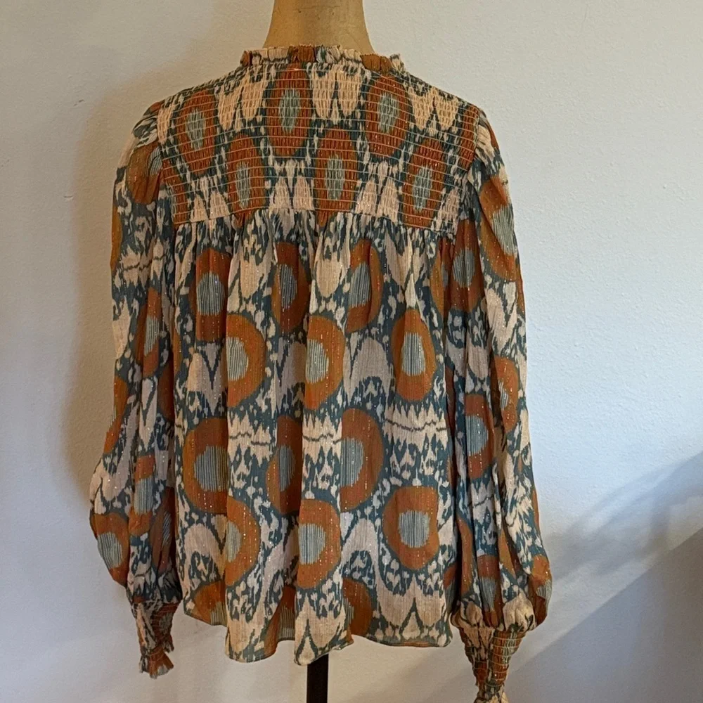 Ulla Johnson sz 12 Anita Blouse Nimbus Orange and Cream Patterned Blouse - Picture 5 of 8